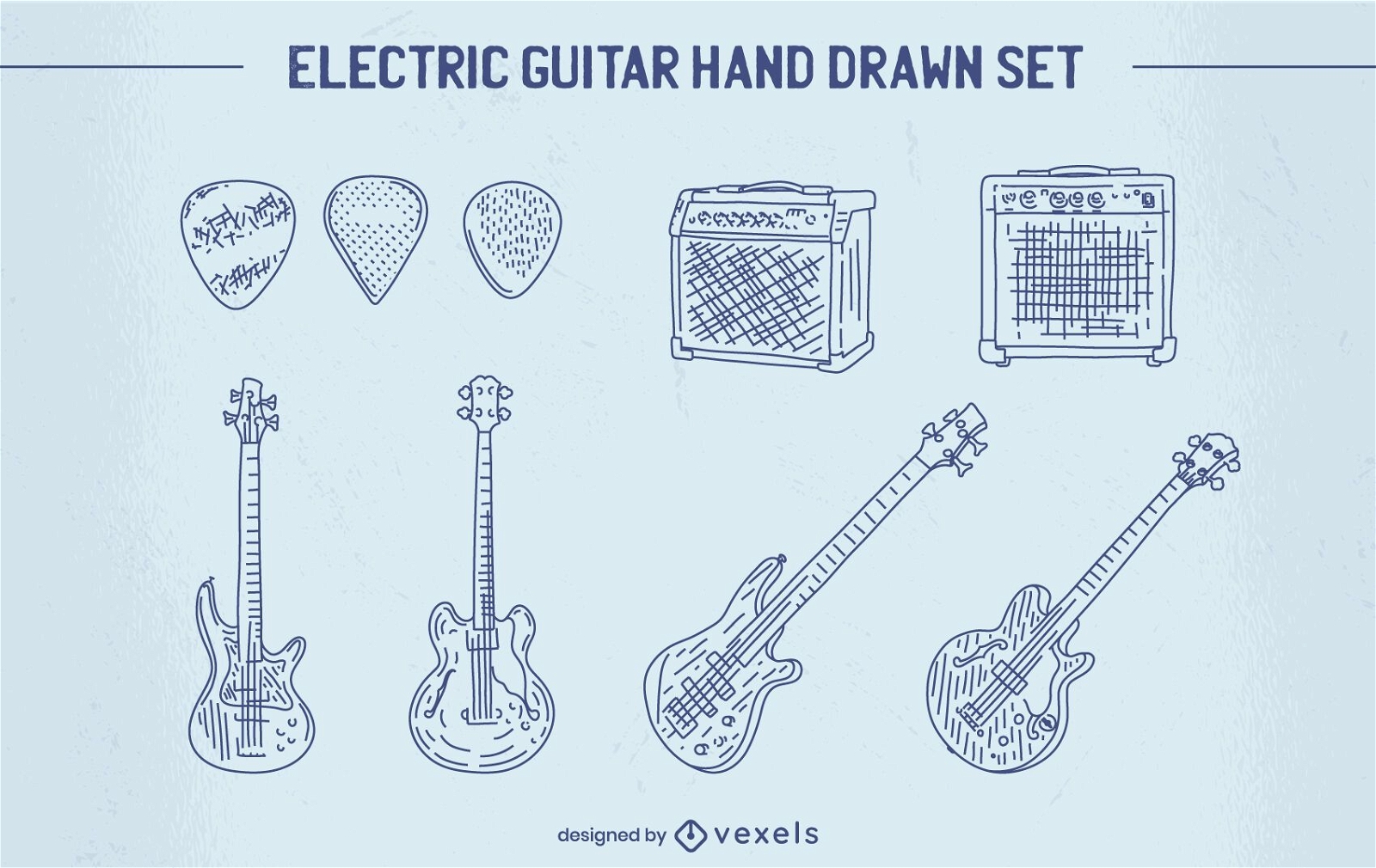 Conjunto de instrumento de guitarra elétrica desenhado à mão
