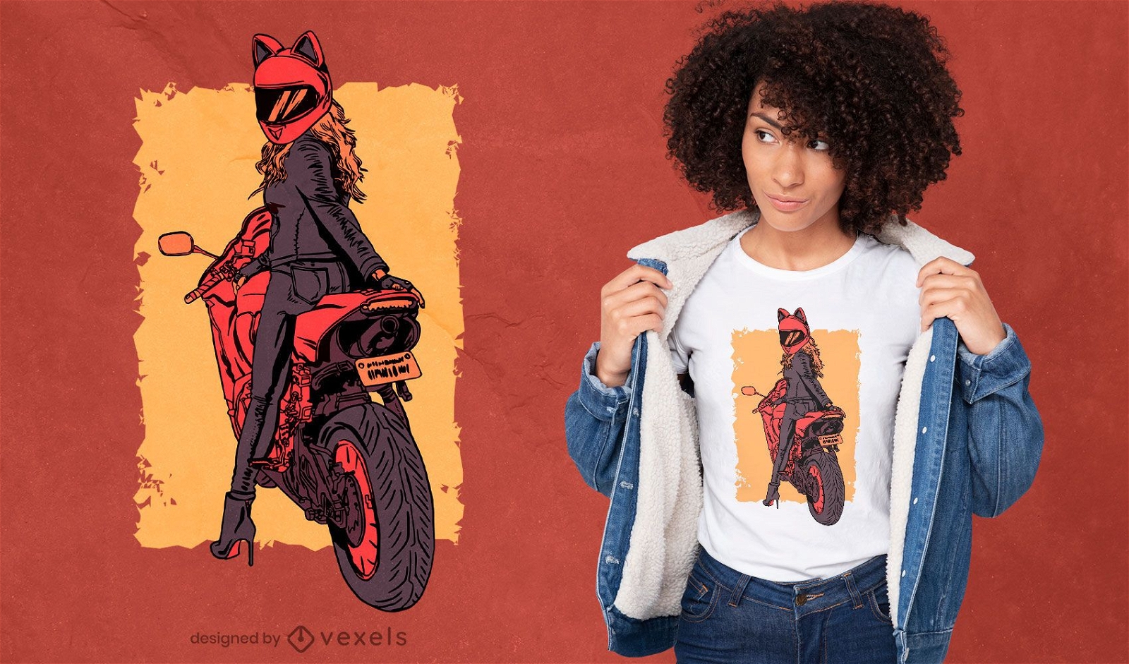 Design de t-shirt do capacete da mulher gato motociclista