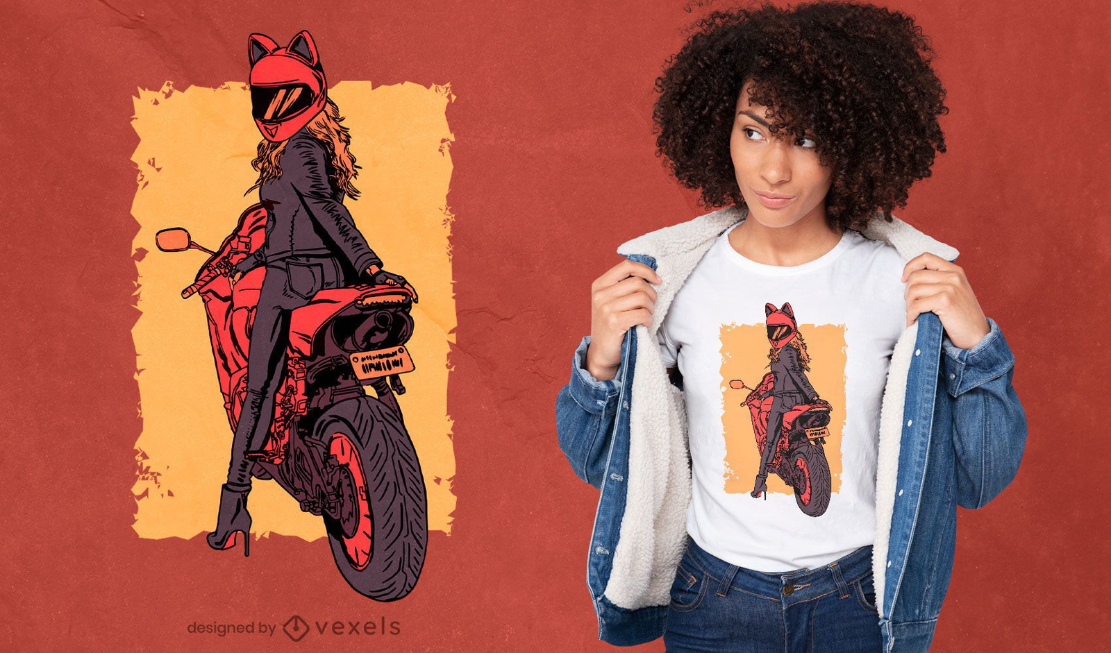 Diseño de camiseta de motociclista mujer gato casco