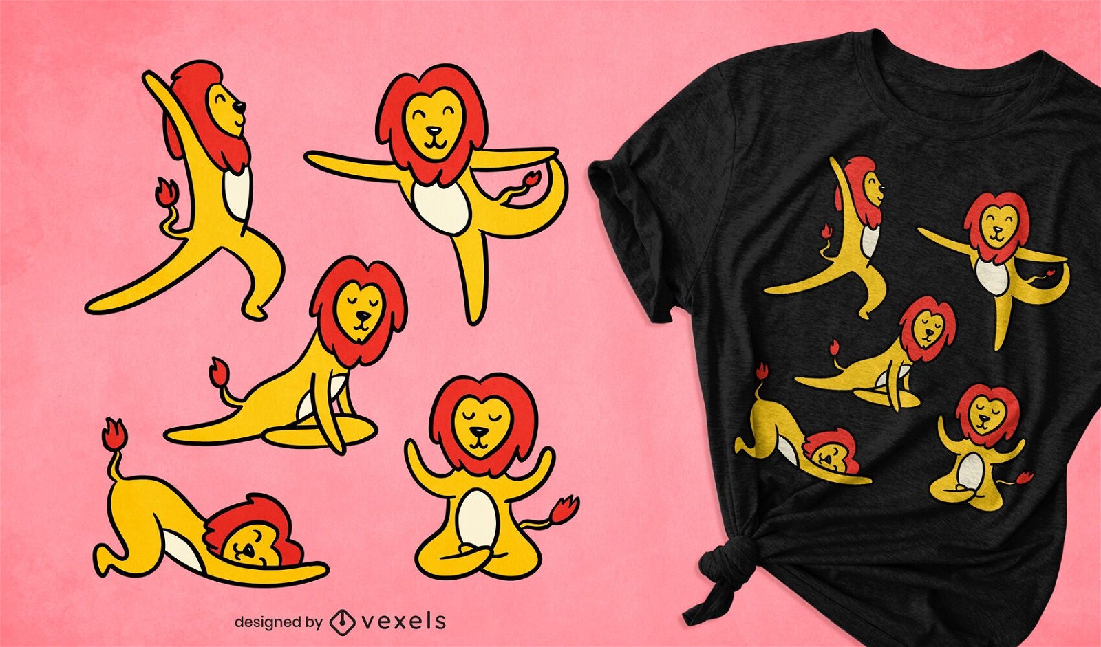 Diseño de camiseta de leones de poses de yoga.