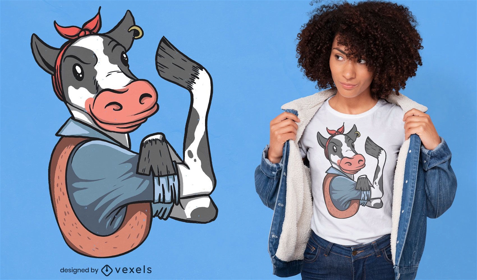 Design de camiseta de b?ceps flexionando personagem vaca