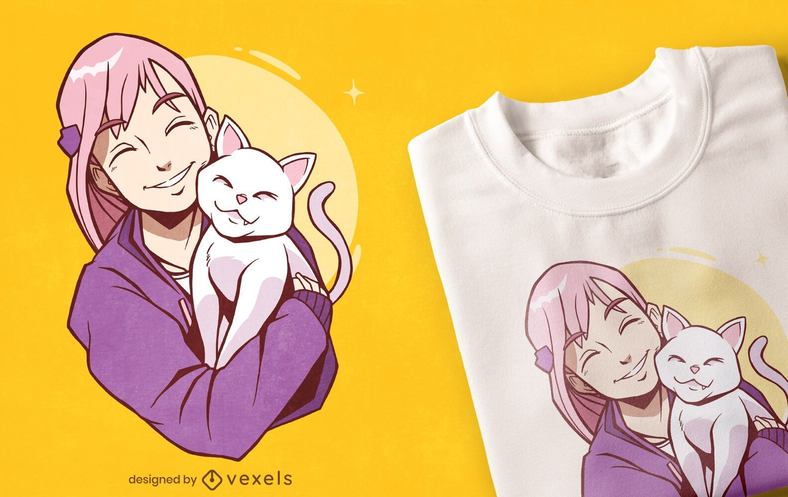 Anime M?dchen mit wei?en Katze T-Shirt Design