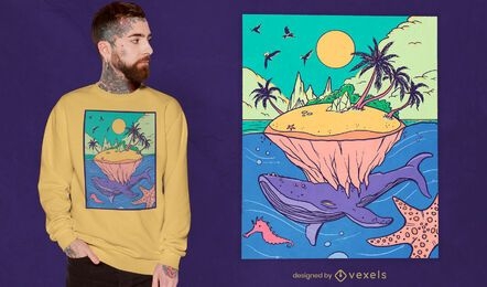 Desenho de t-shirt com paisagem de fantasia da Ilha da Baleia