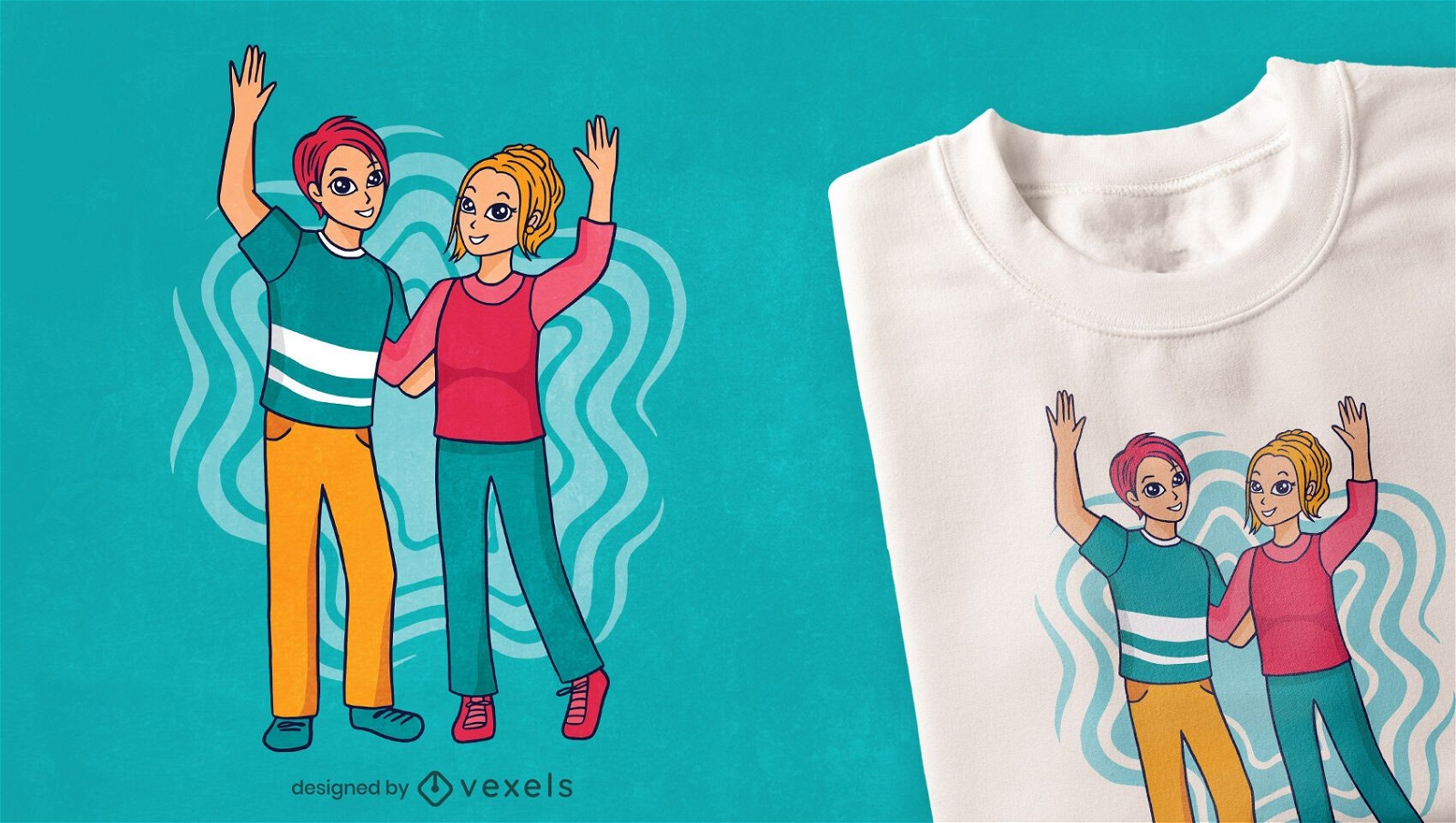Desenho de t-shirt de homem e mulher levantando as m?os