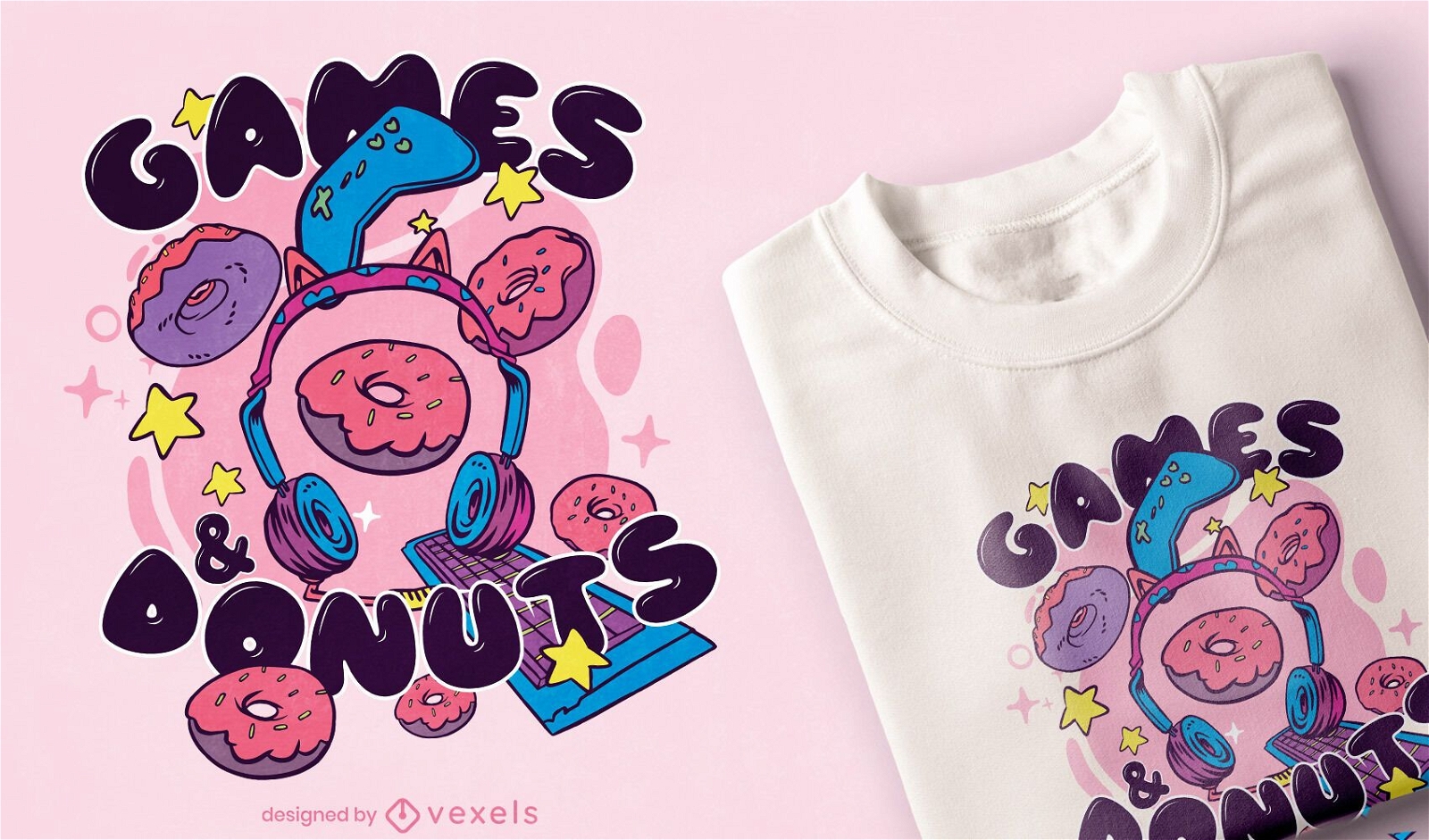 Design de camisetas de jogos e donuts