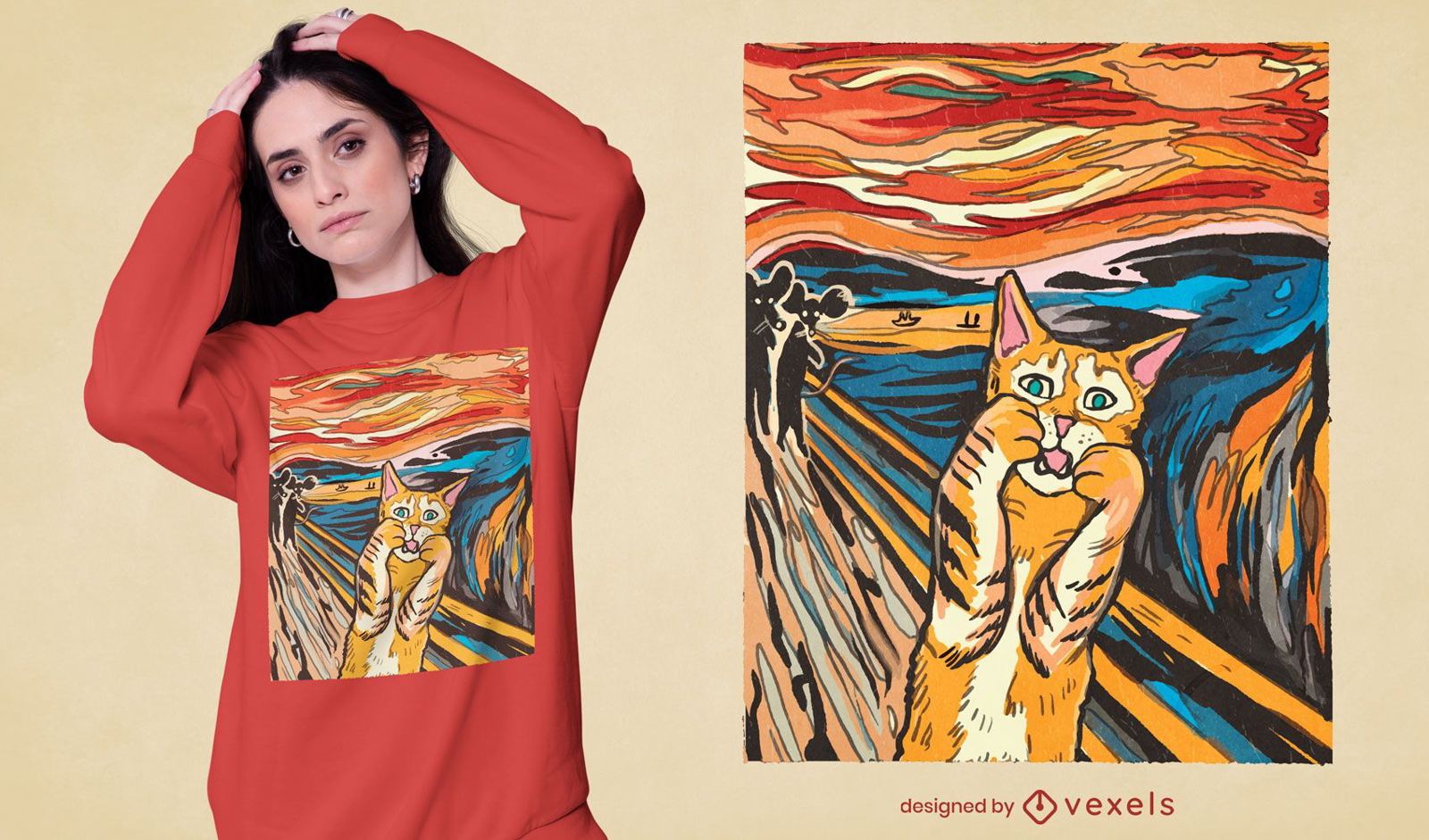 O design da t-shirt do gato com paródia do Scream