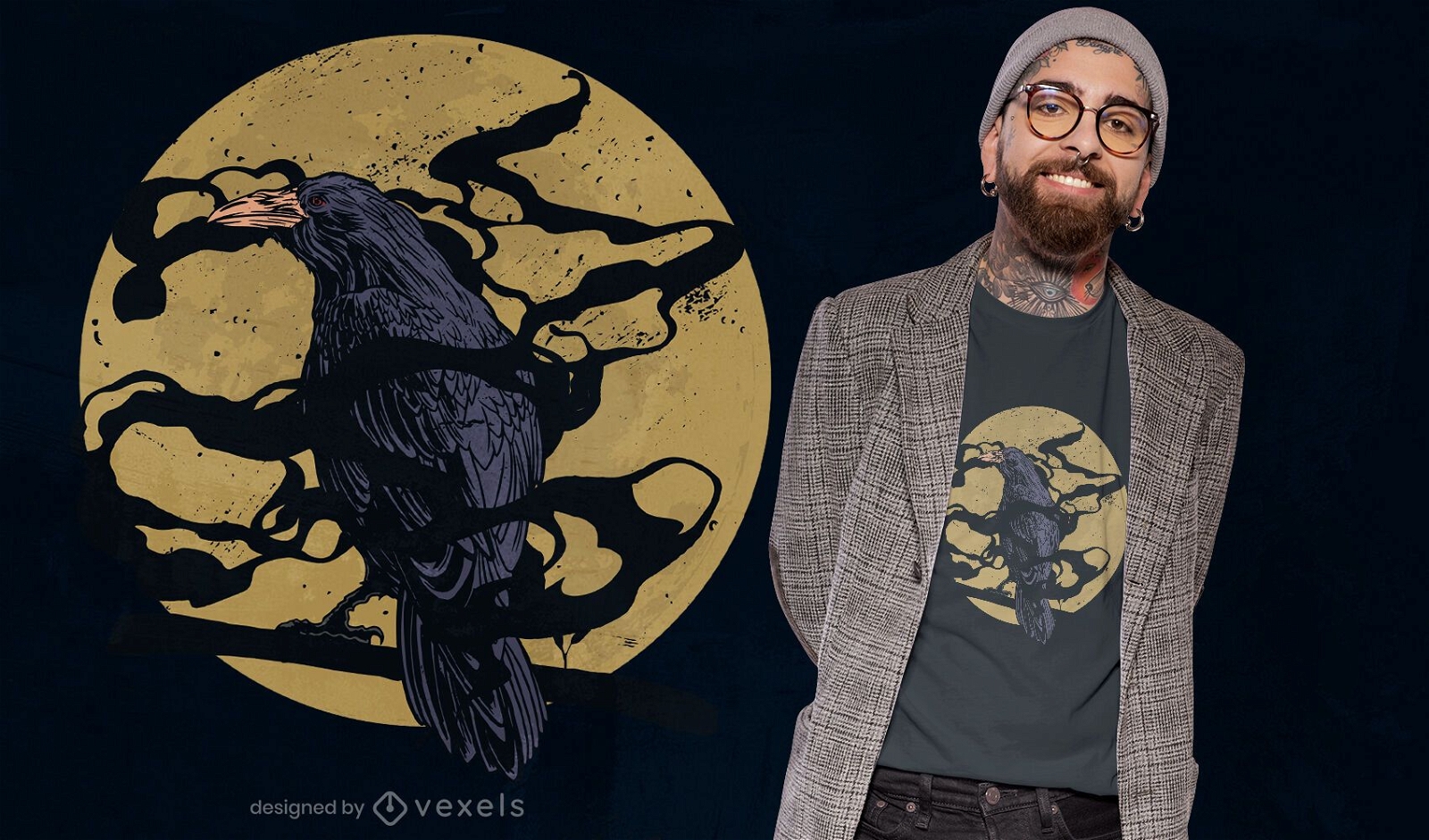 Design de t-shirt assustadora para o corvo e a lua