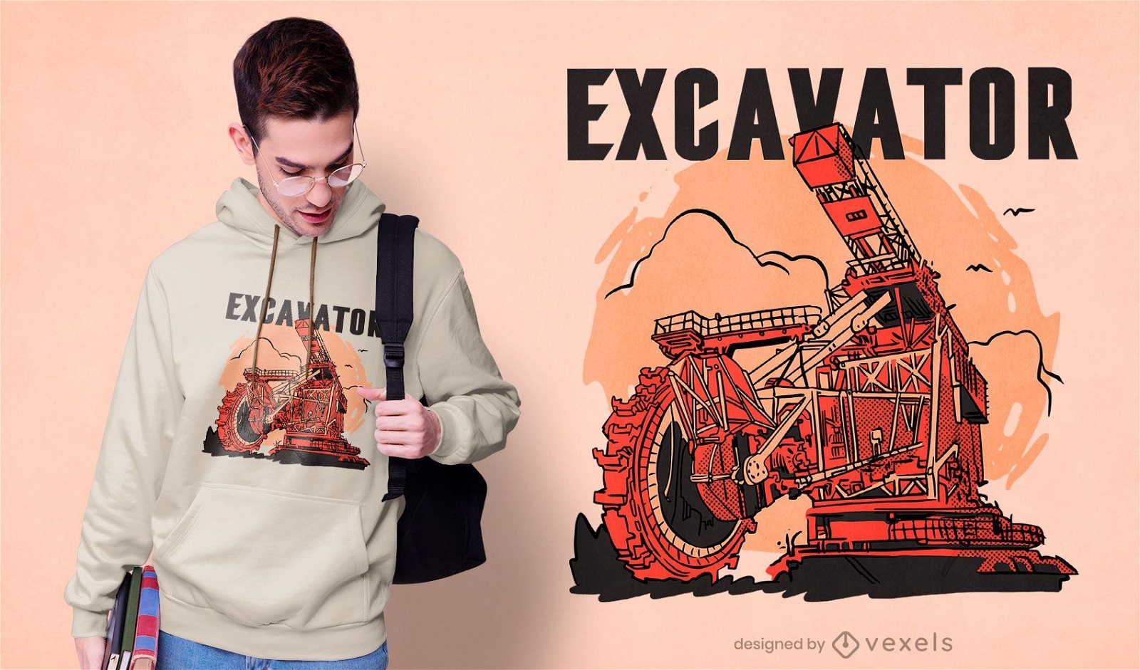 Design de camiseta para escavadeira com roda de caçamba