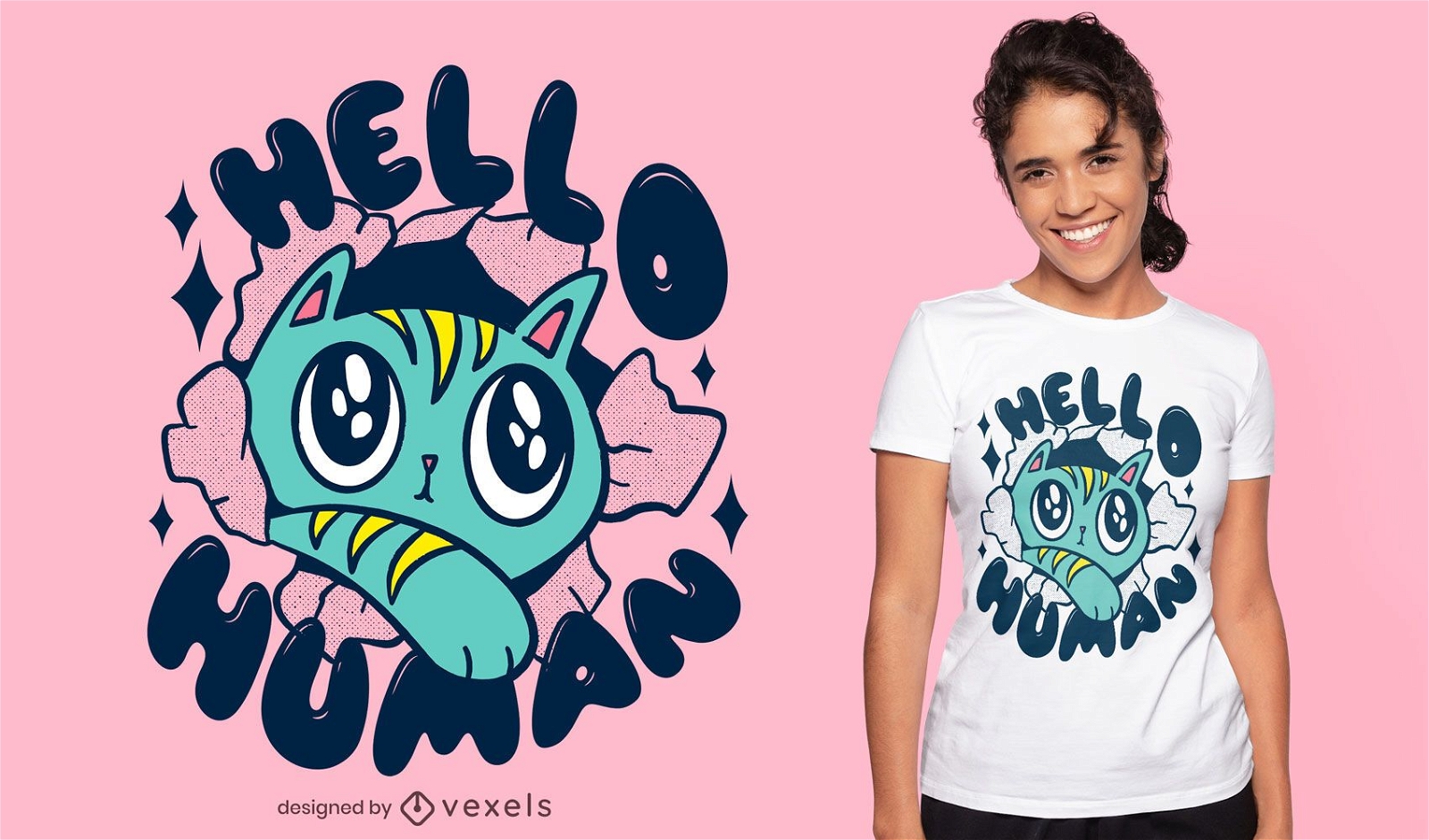 Nette Katze, die Hallo T-Shirt Design sagt