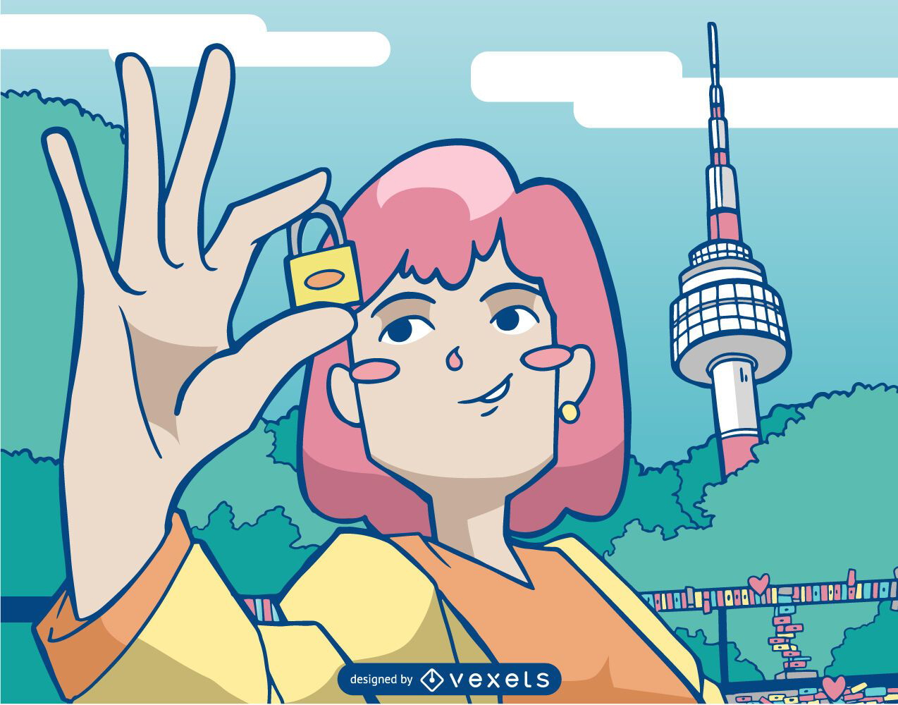 Ilustração de menina com bloqueio de torre namsan