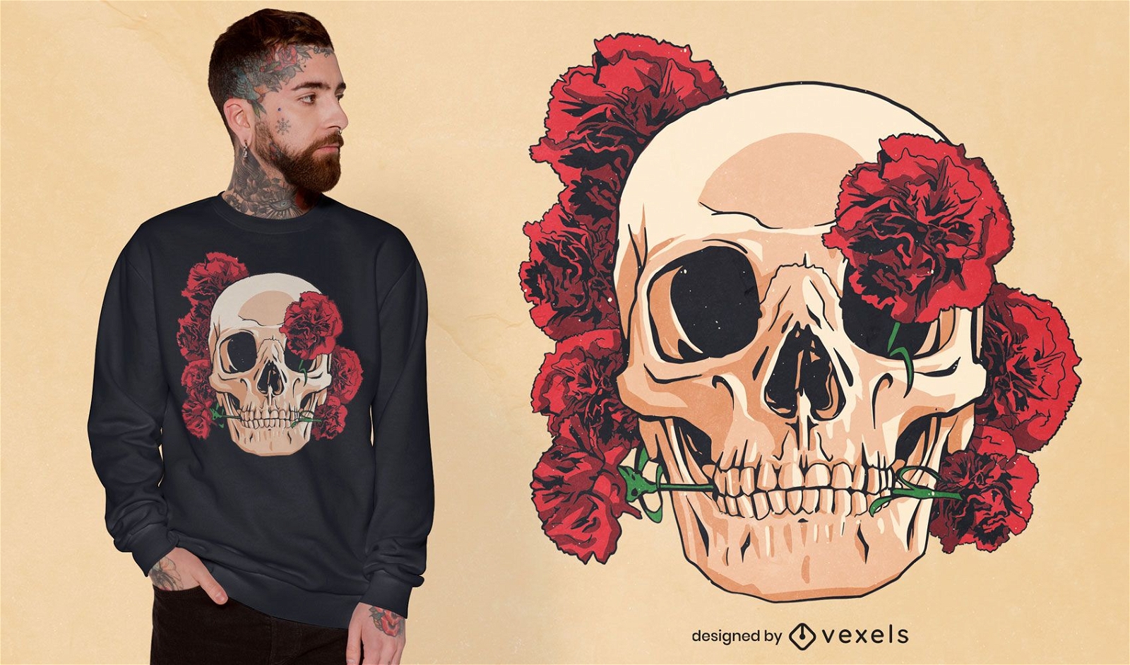 Skull with red carnations t-shirt design