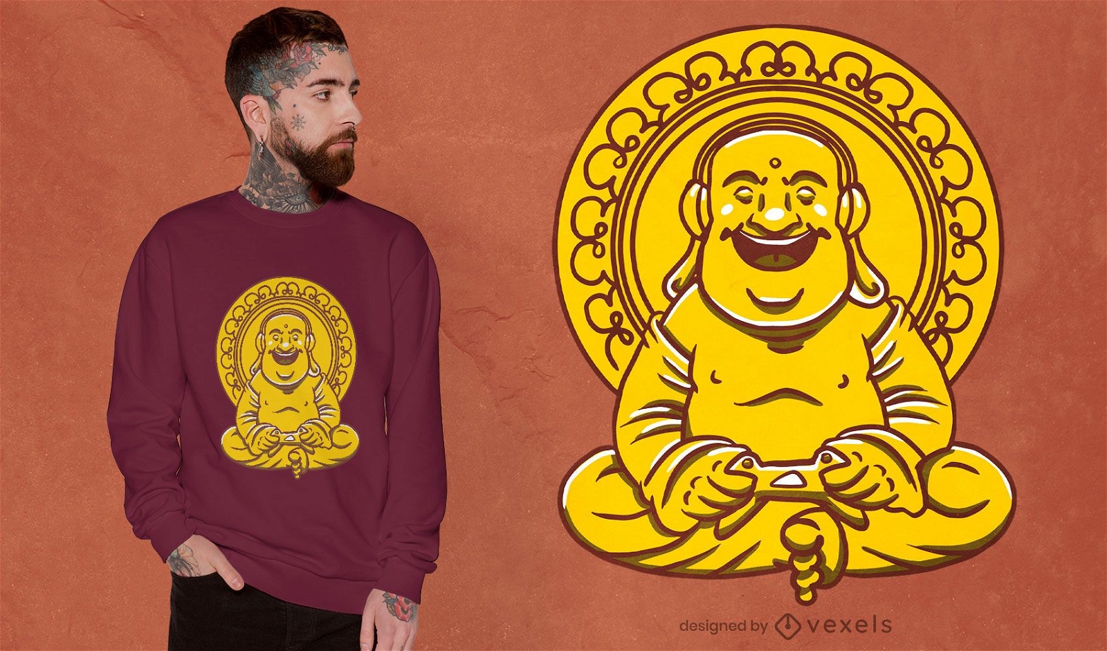 Estátua de Buda jogando o design de uma camiseta de videogame