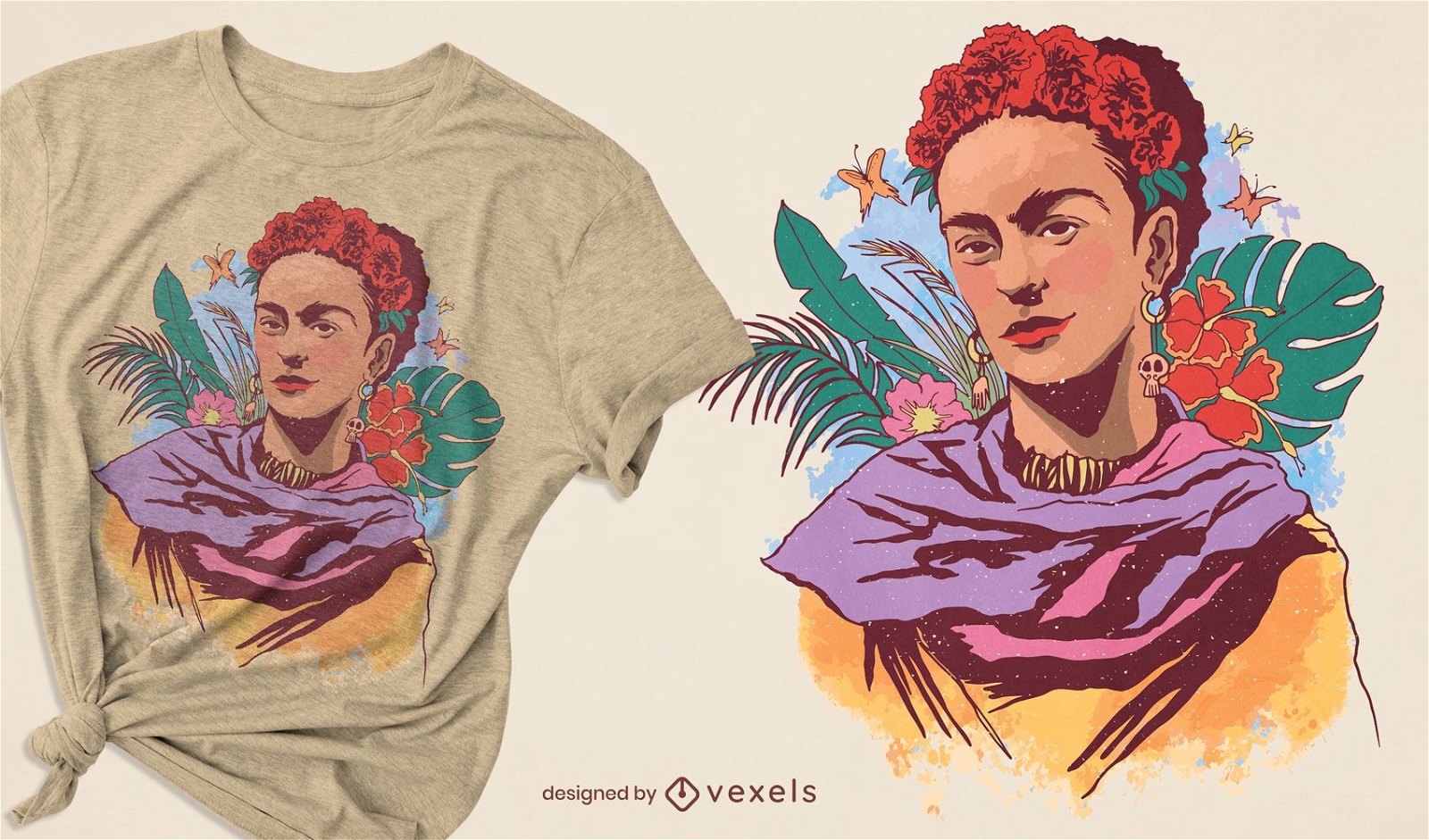 Design de camiseta colorida de Frida Kahlo com retrato
