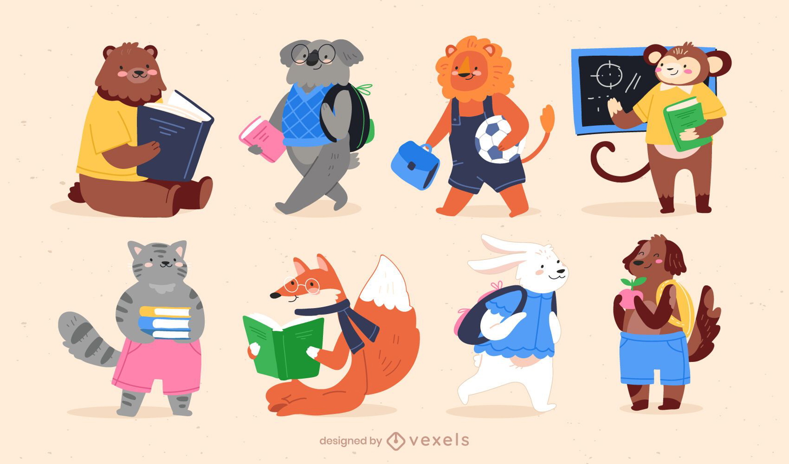 Conjunto lindo de personajes de animales de regreso a la escuela