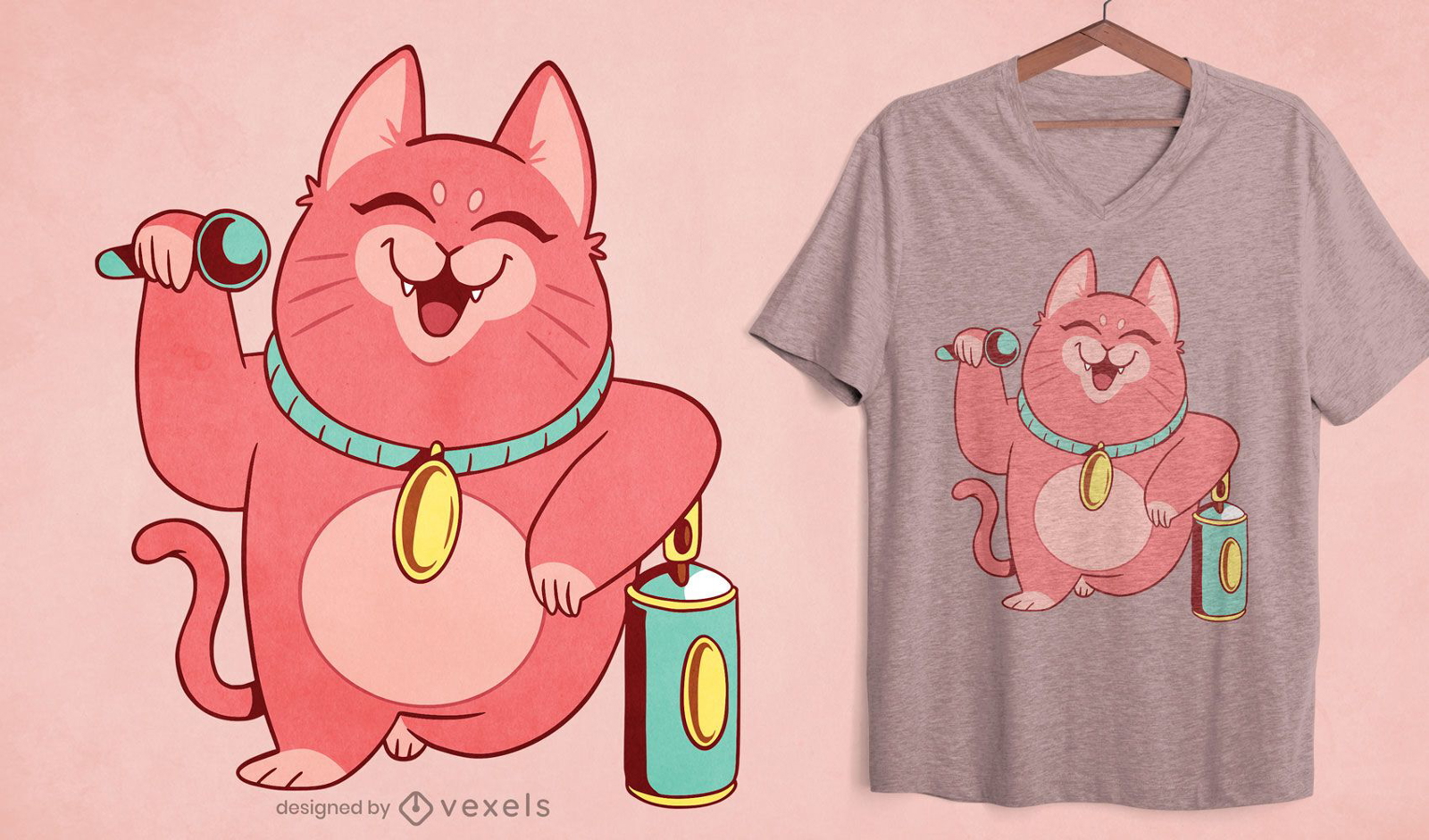 Diseño de camiseta de canto de dibujos animados de gato feliz