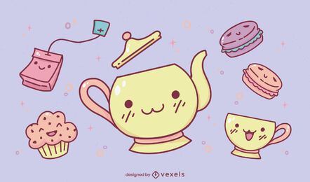 Tea party kawaii set illustration design