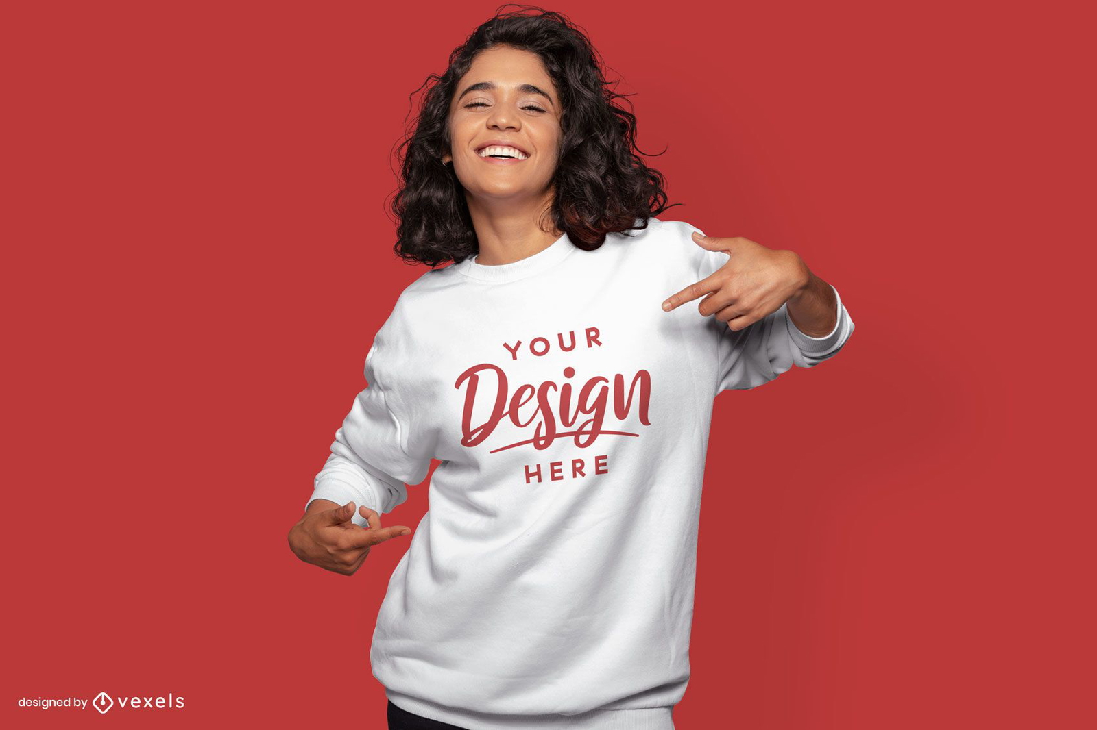 Model pointing to sweatshirt mockup