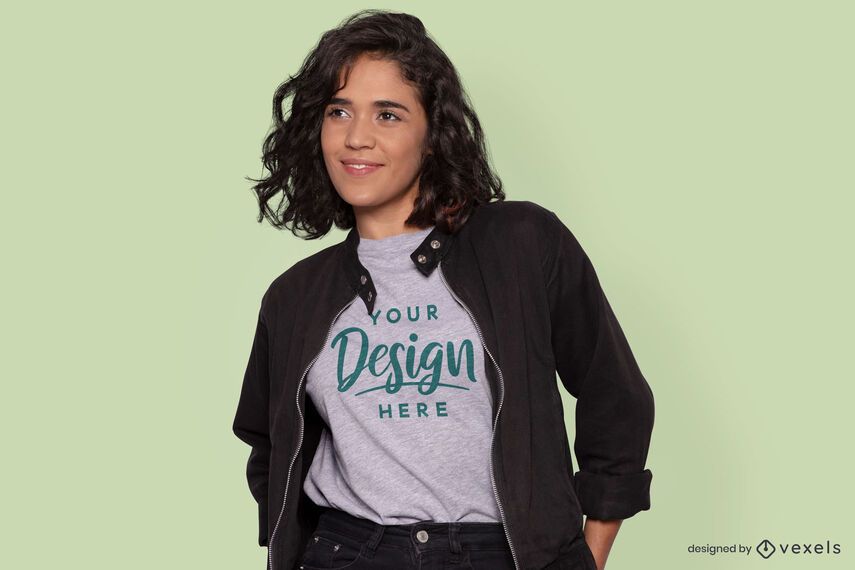 Maqueta de camiseta modelo chaqueta negra Maqueta de camiseta modelo chaqueta negra