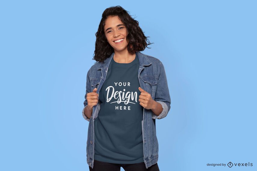 Maquete de camiseta feminina com jaqueta jean Maquete de camiseta feminina com jaqueta jean