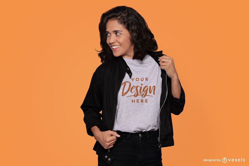 Modelo con maqueta de camiseta de chaqueta negra Modelo con maqueta de camiseta de chaqueta negra