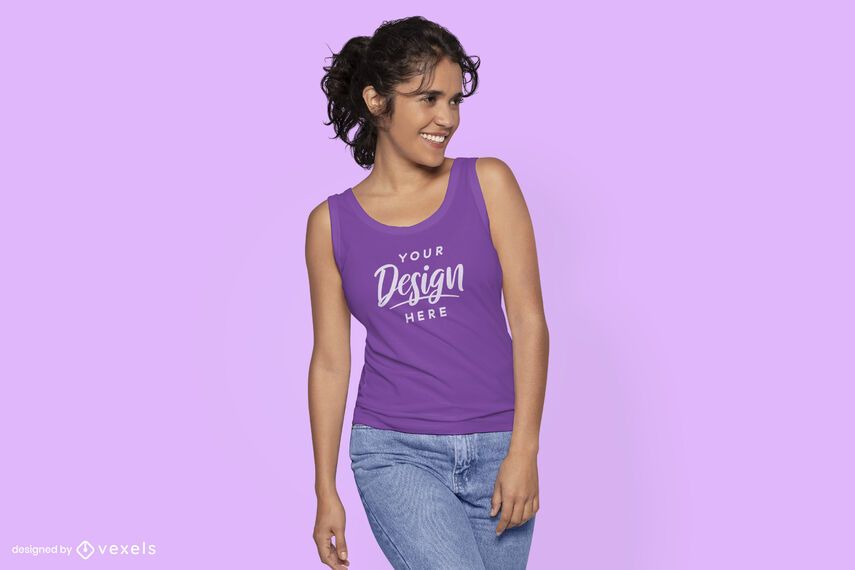 Looking to side model tank top mockup Looking to side model tank top mockup