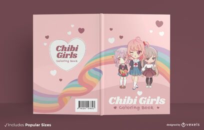 Diseño de portada de libro para colorear de chicas anime chibi Diseño de portada de libro para colorear de chicas anime chibi