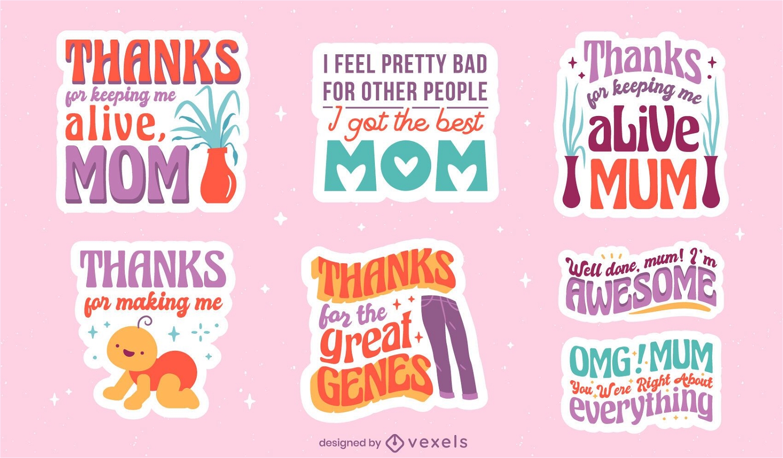 Conjunto de adesivos de citações fofas para o dia das mães