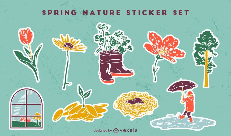 Conjunto de pegatinas de naturaleza de temporada de primavera Conjunto de pegatinas de naturaleza de temporada de primavera