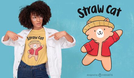 Gato fofo com design de t-shirt de chapéu de palha
