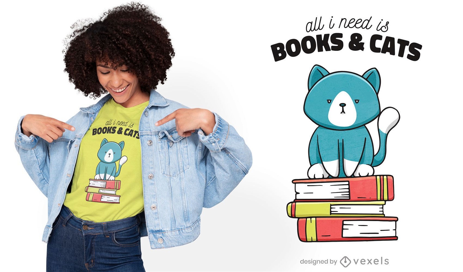 Design de camisetas fofas de livros e gatos