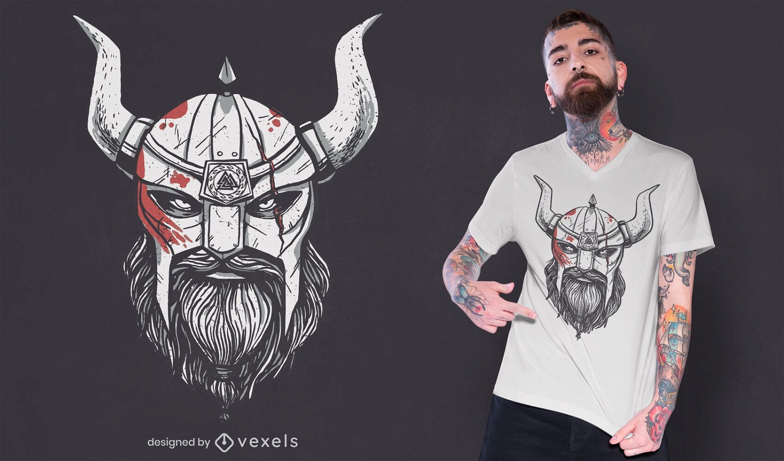 Design de camiseta com capacete Viking com sangue