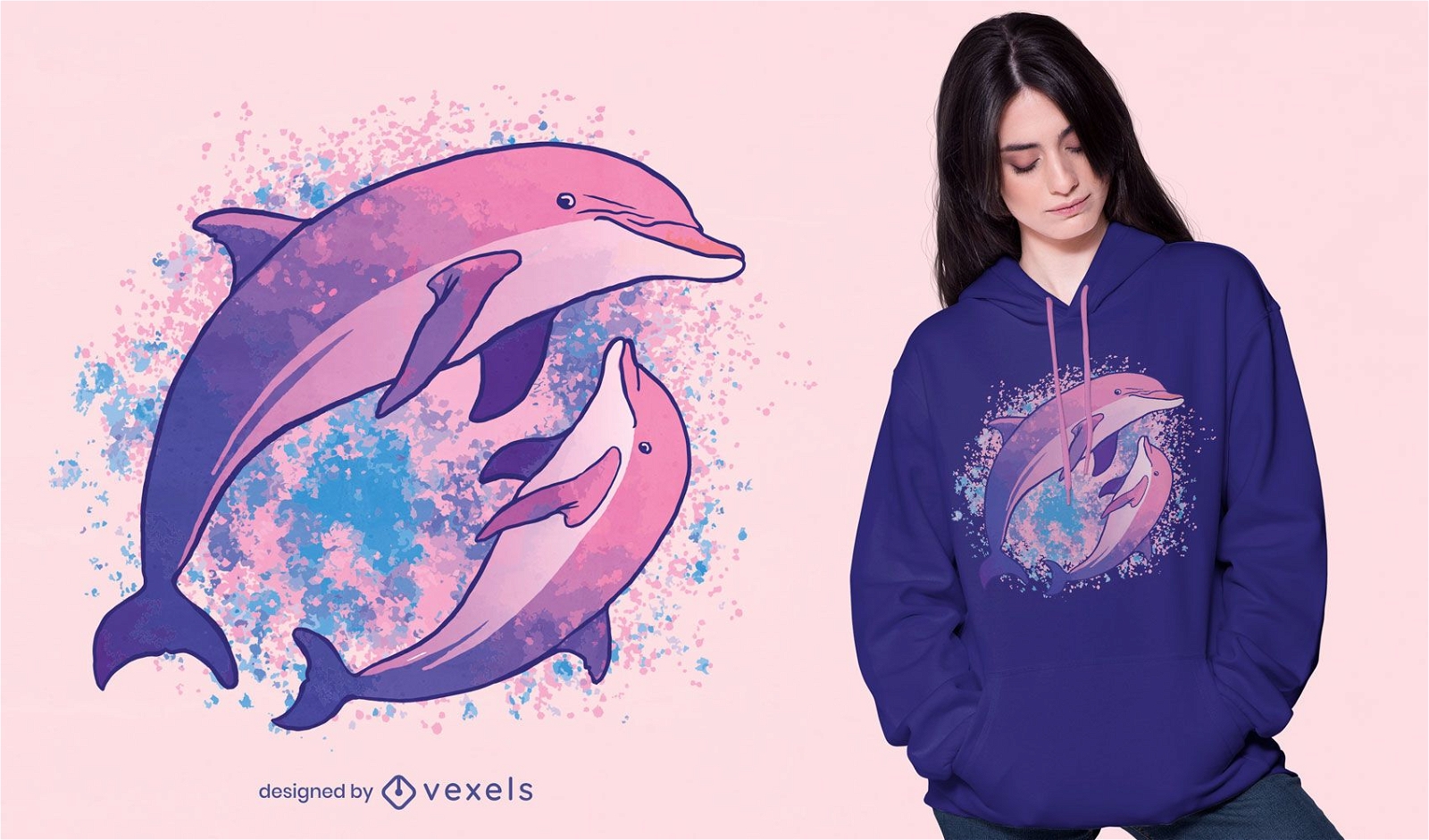 Desenho de t-shirt com composição em aquarela de golfinho