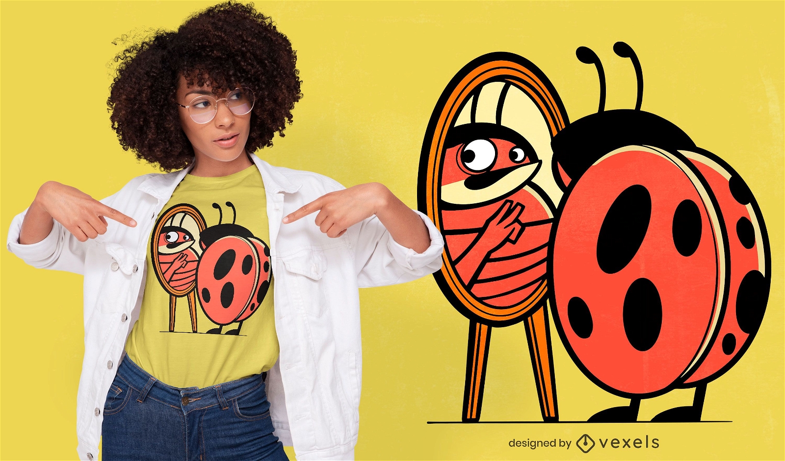 Ladybug cartoon looking at mirror t-shirt design
