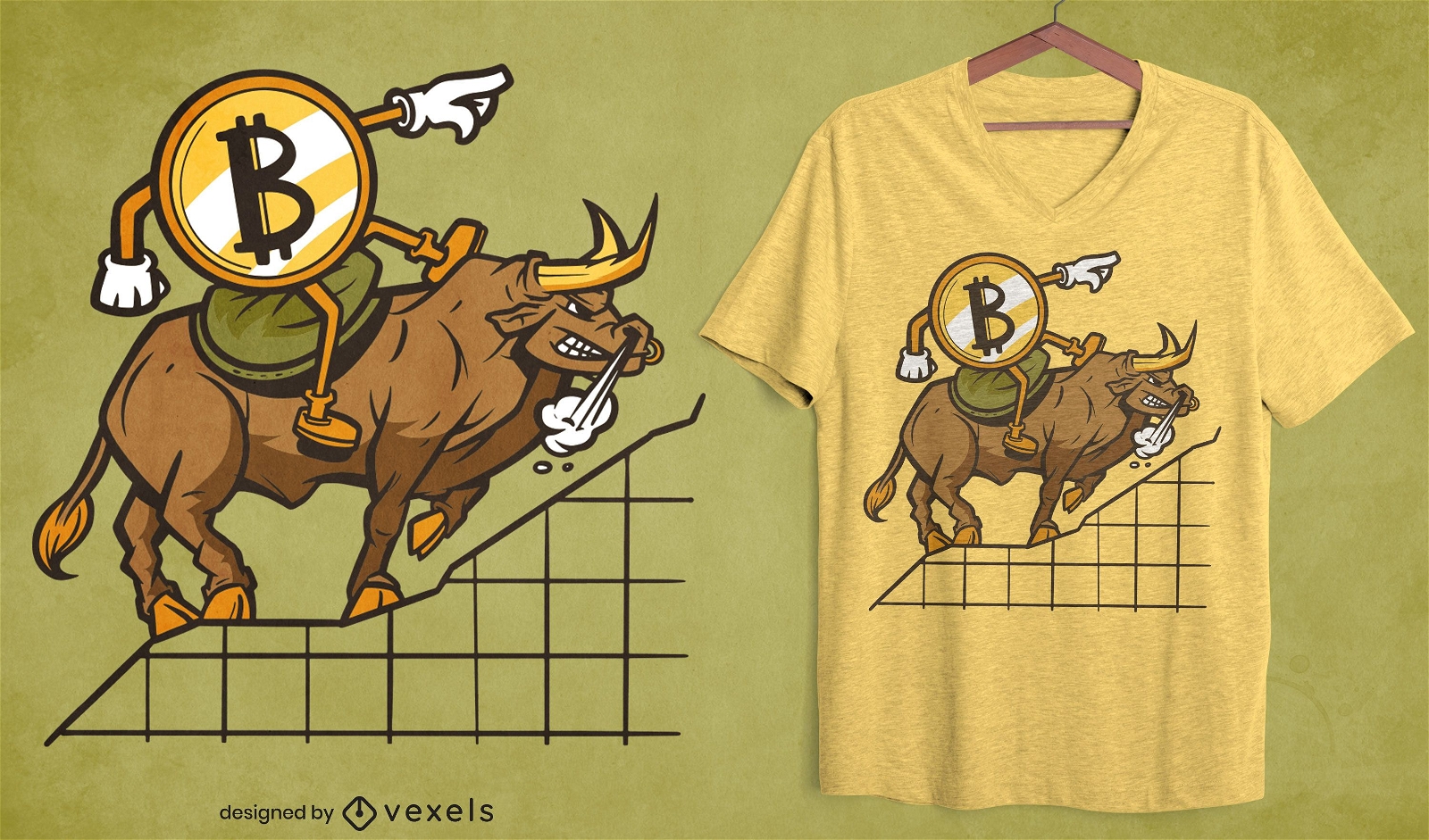 Design de t-shirt de desenho animado cripto montando touro