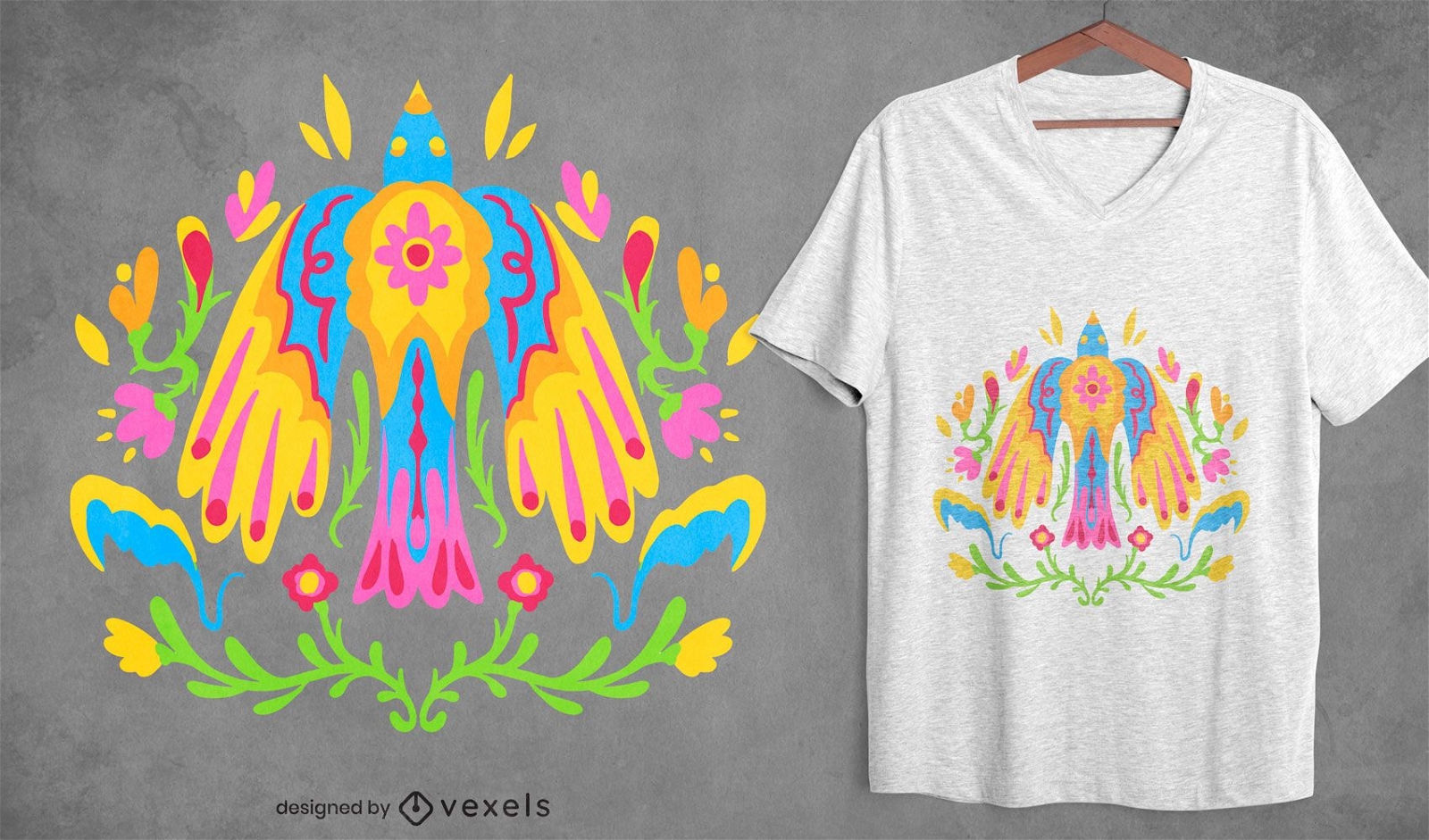 Design de camiseta colorida de p?ssaro mexicano Otomi