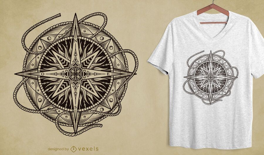 Diseño de camiseta de brújula dibujada a mano Diseño de camiseta de brújula dibujada a mano