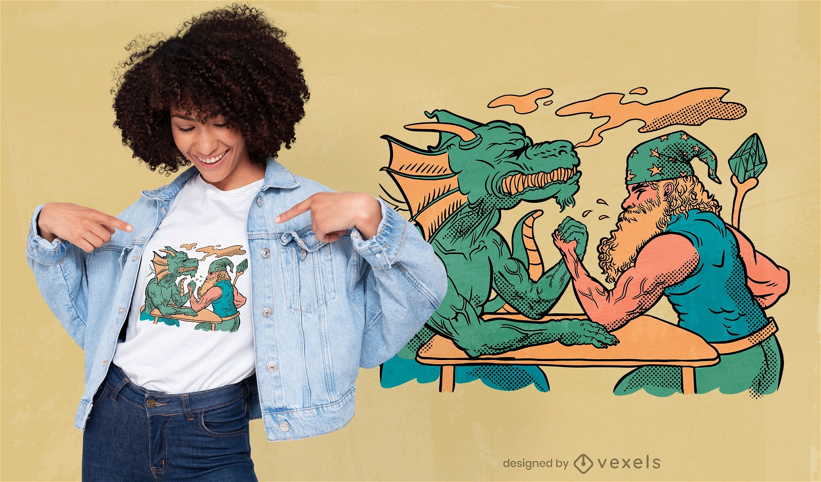 Diseño de camiseta de dragón y mago.