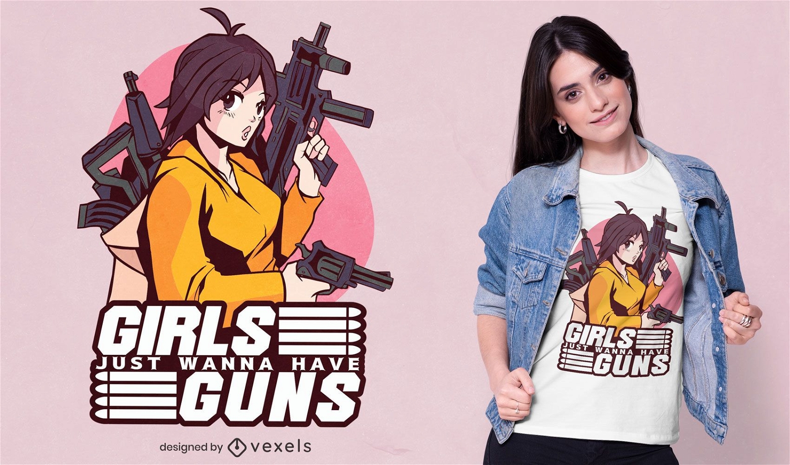 Desenho de t-shirt de anime de menina com armas