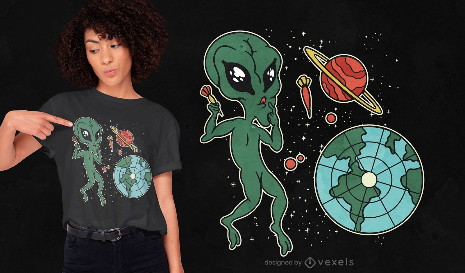Diseño de camiseta de juego de dardos de dibujos animados alienígenas