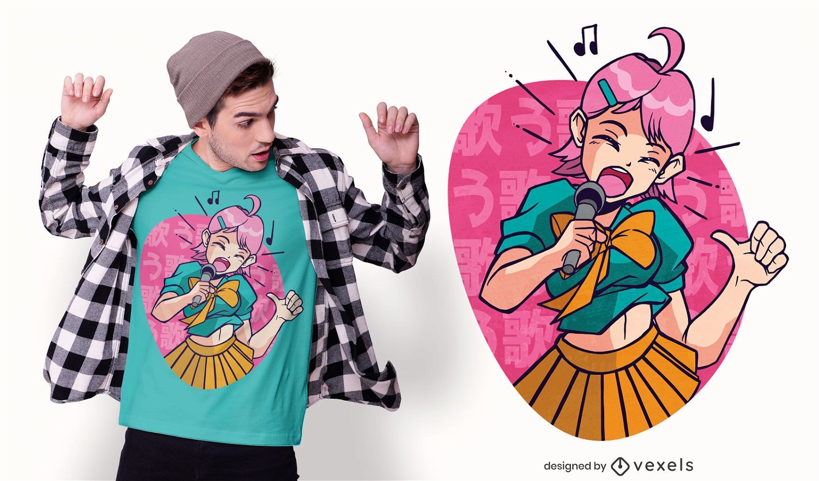 Design de camisetas cantando garota anime