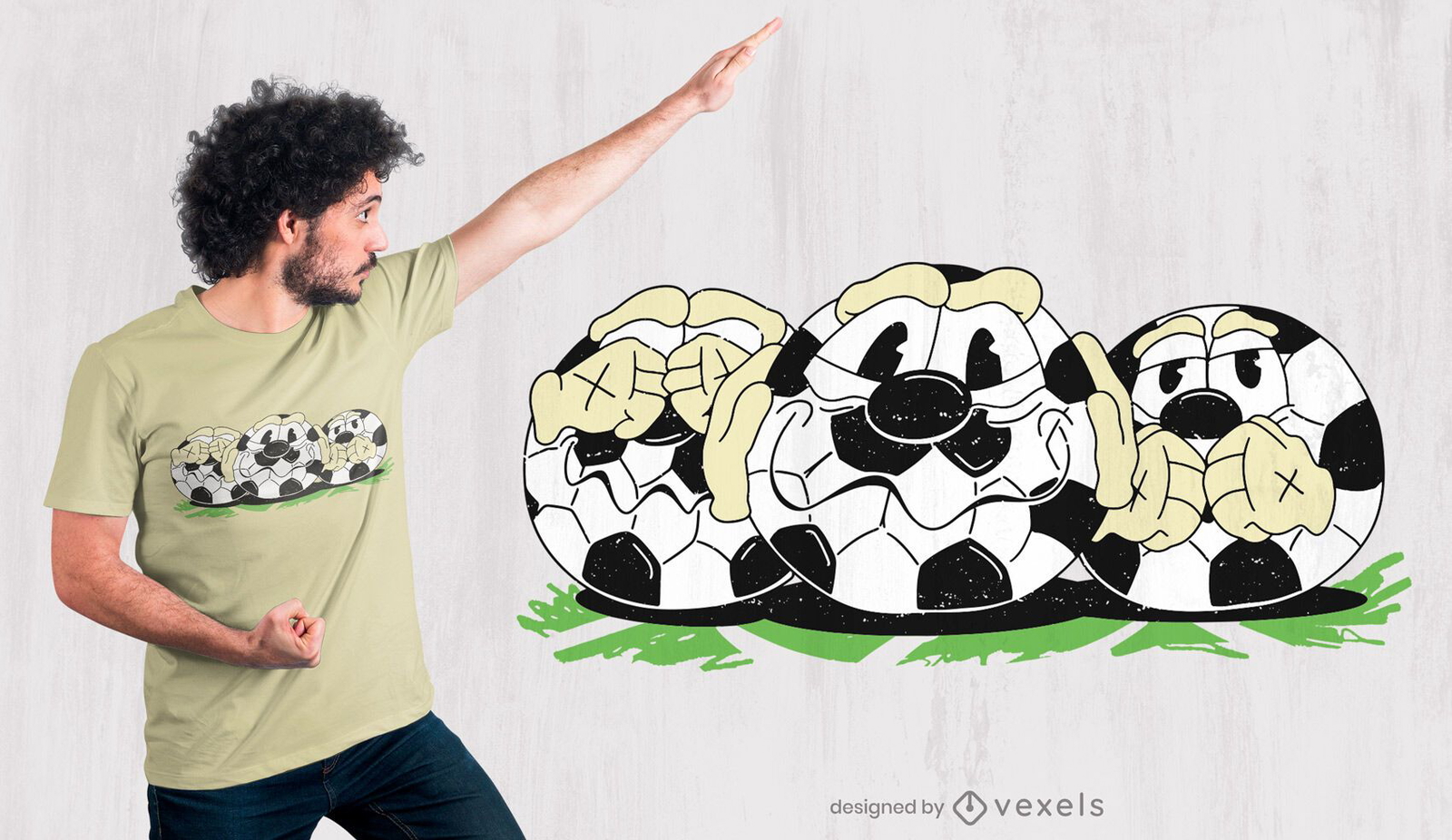 Diseño de camiseta de dibujos animados de balones de fútbol.