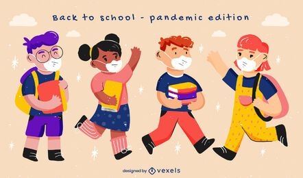 Niños de regreso a la escuela conjunto de caracteres pandémicos.