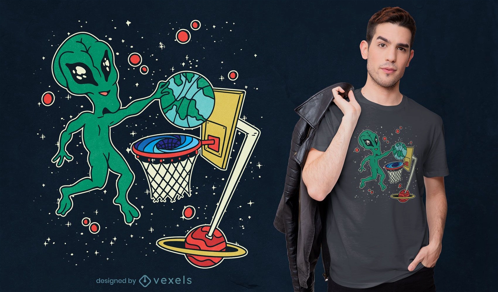 Desenho de camiseta alien?gena jogando basquete espacial