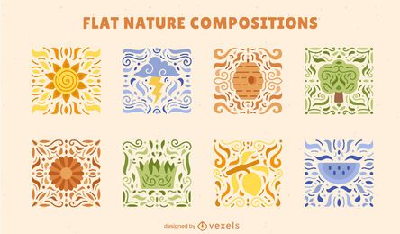 Conjunto de composición colorida de mosaicos de naturaleza Conjunto de composición colorida de mosaicos de naturaleza