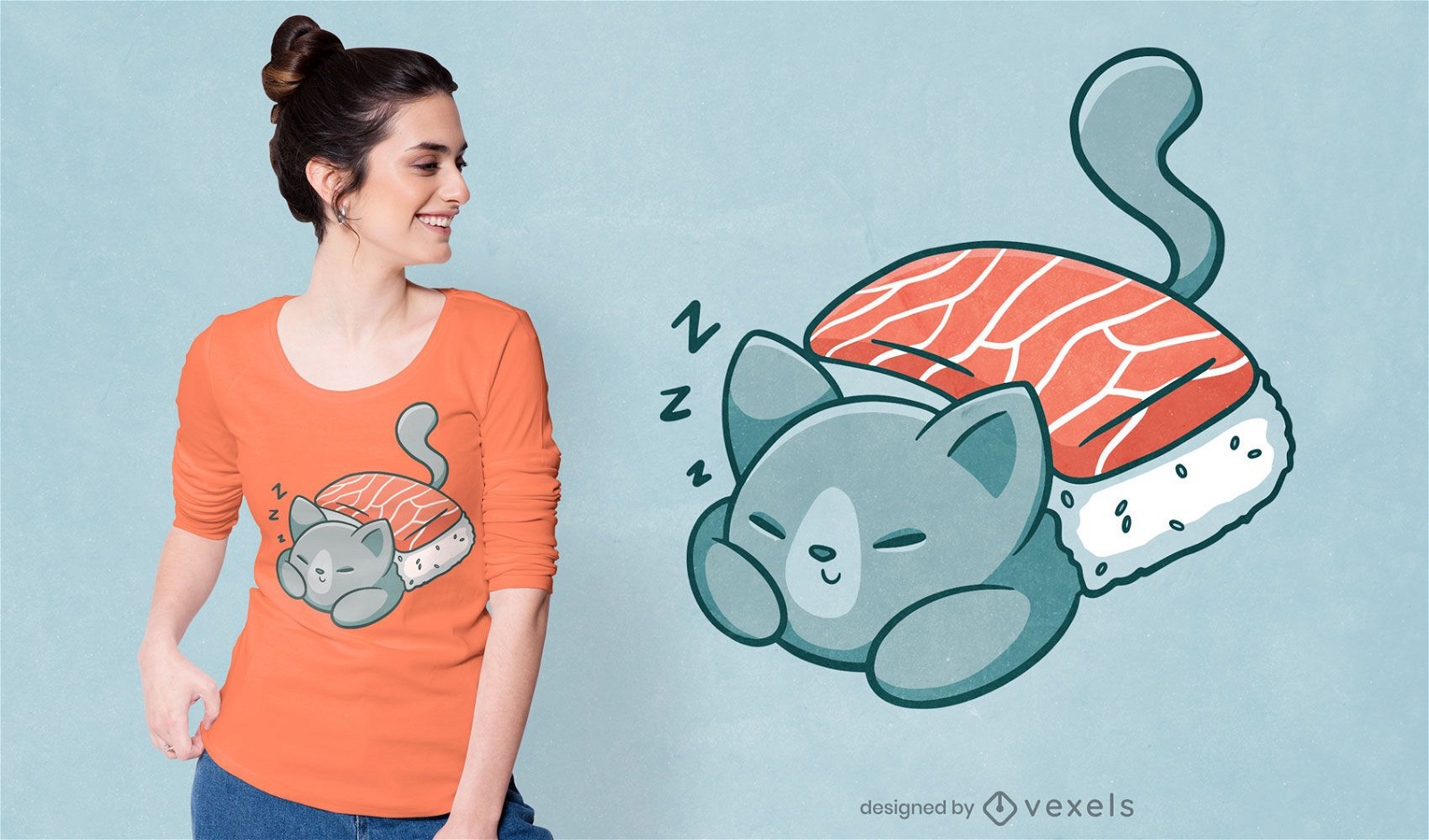 Design de t-shirt de cobertor de sushi para gato dormindo