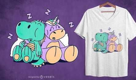 Diseño de camiseta para dormir unicornio y t-rex.