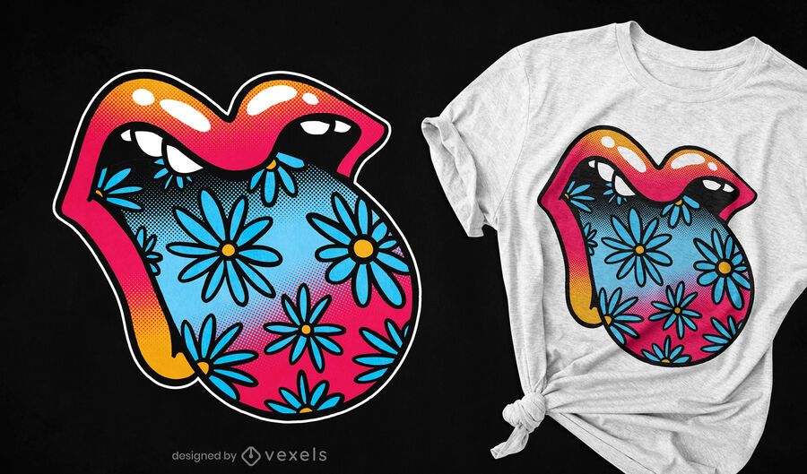 Design de t-shirt de boca floral trippy com língua Design de t-shirt de boca floral trippy com língua
