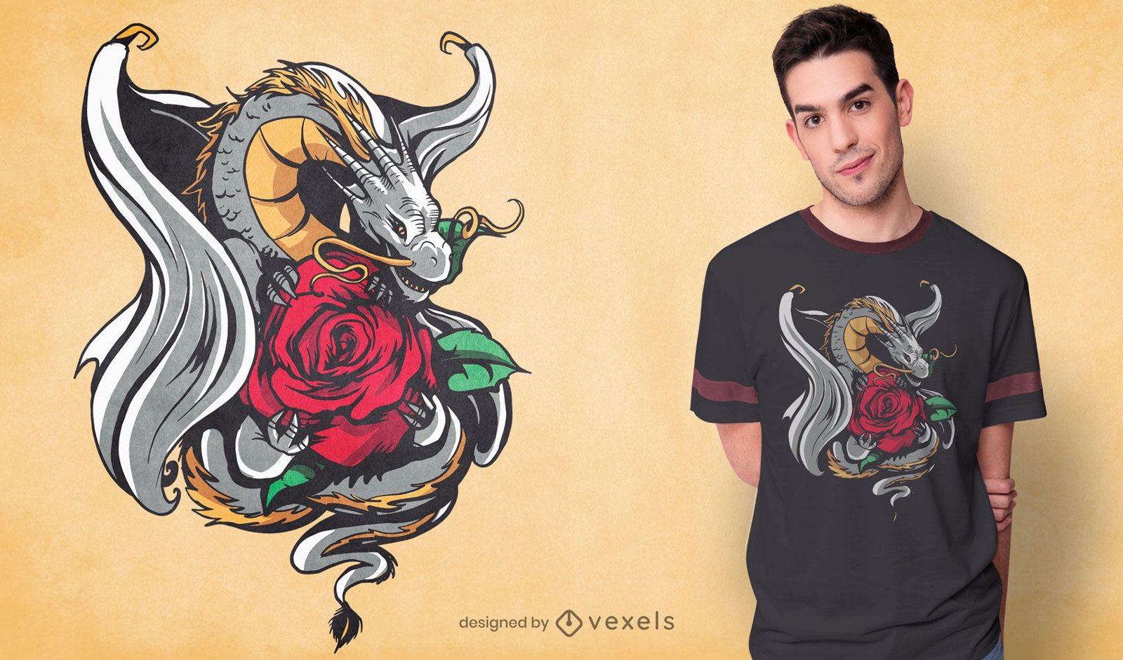 Silver dragon with rose t-shirt design
