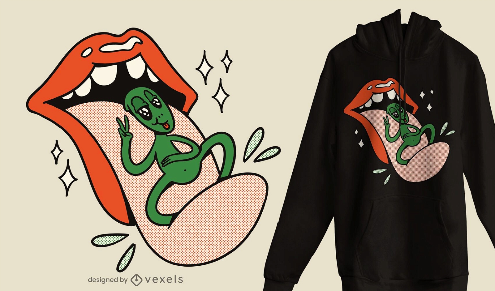 Desenho de camiseta alienígena descansando na língua