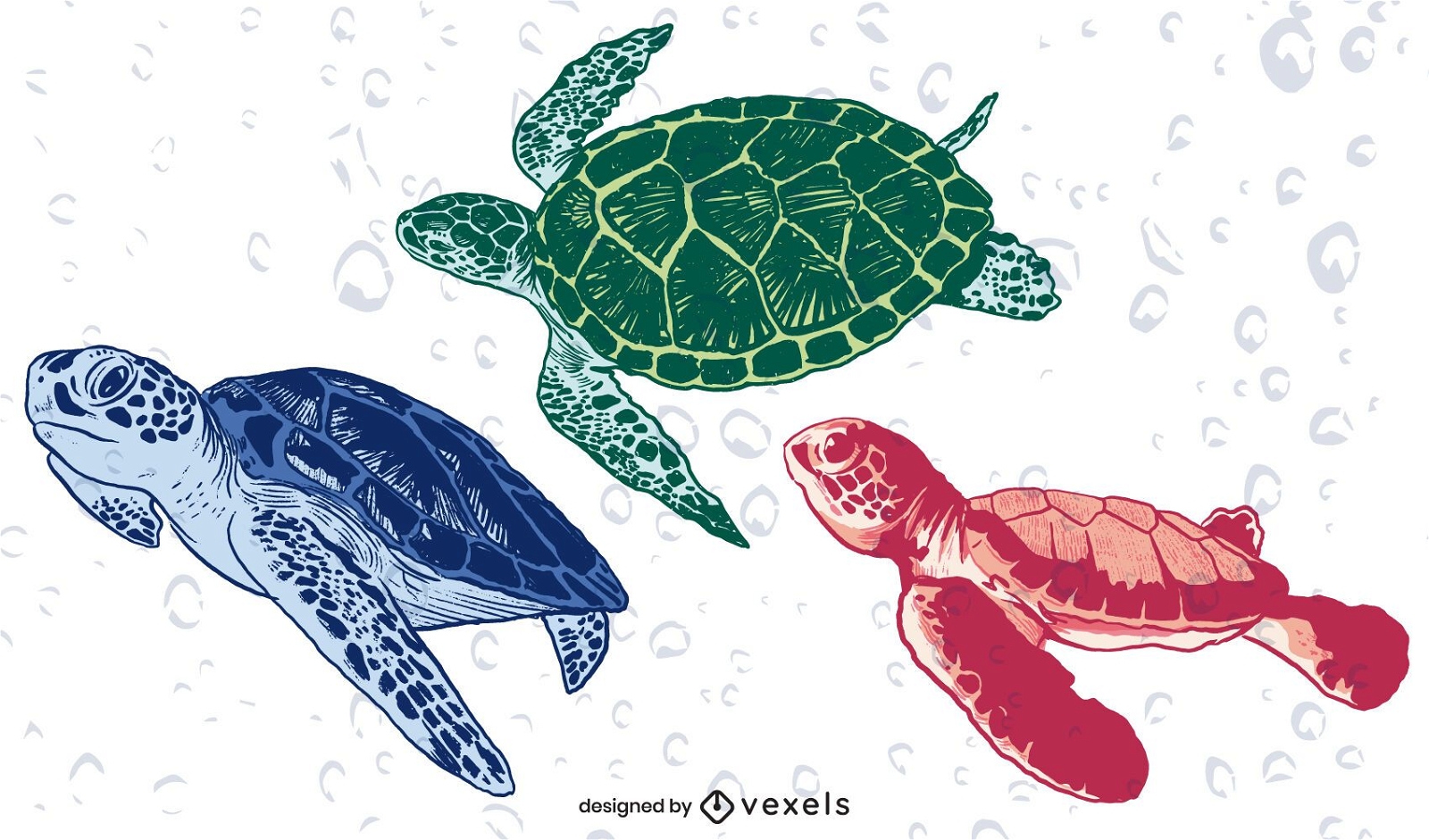 Turtles swimming illustration set